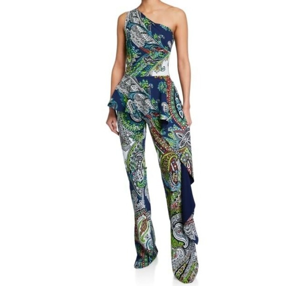 CHIARA BONI LA PETITE ROBE One Shoulder Paisley Print Peplum Jumpsuit sz 50 YJ01